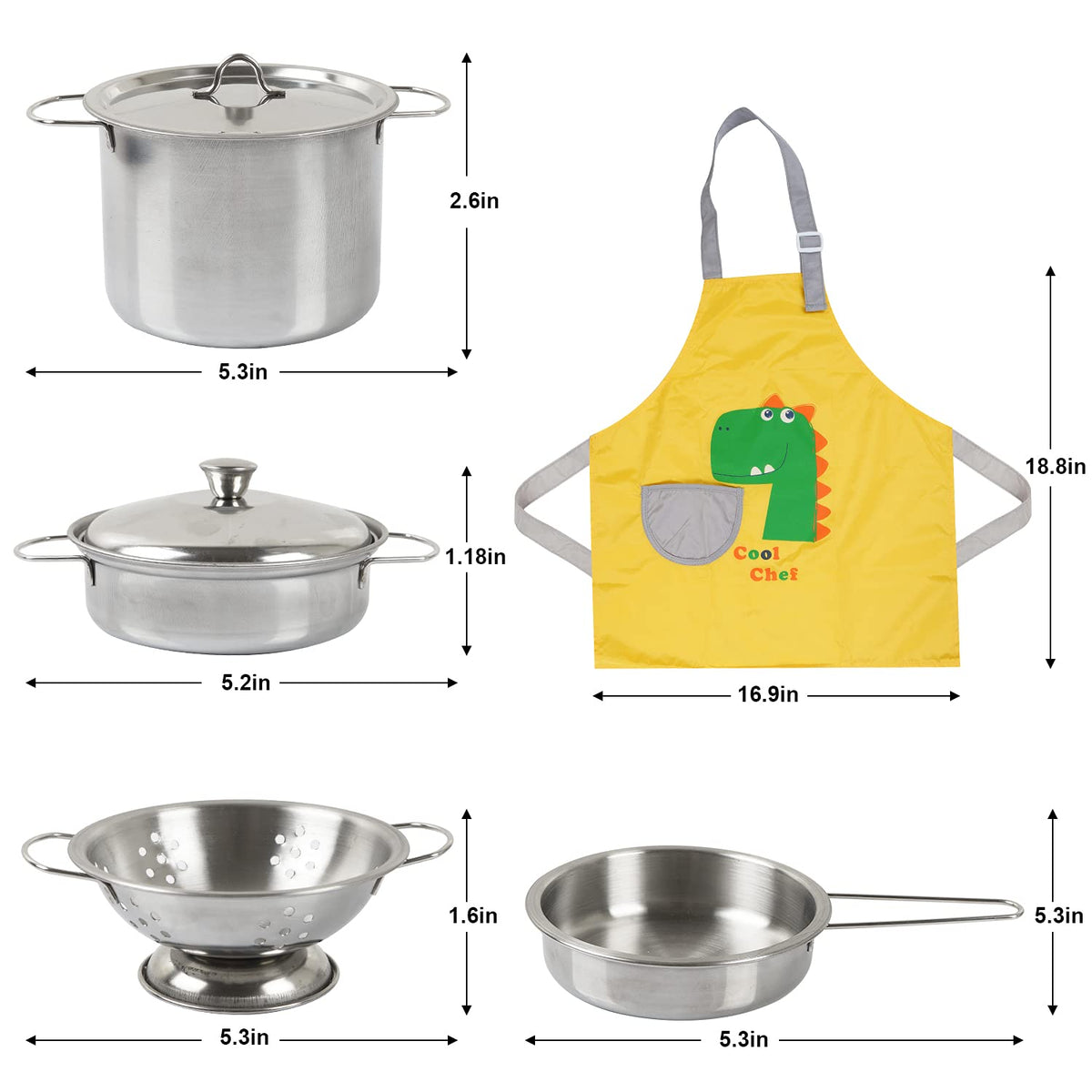 Sundaymot Play Kitchen Accessories, Wooden Play Food, Cooking Set with Stainless Steel Cookware