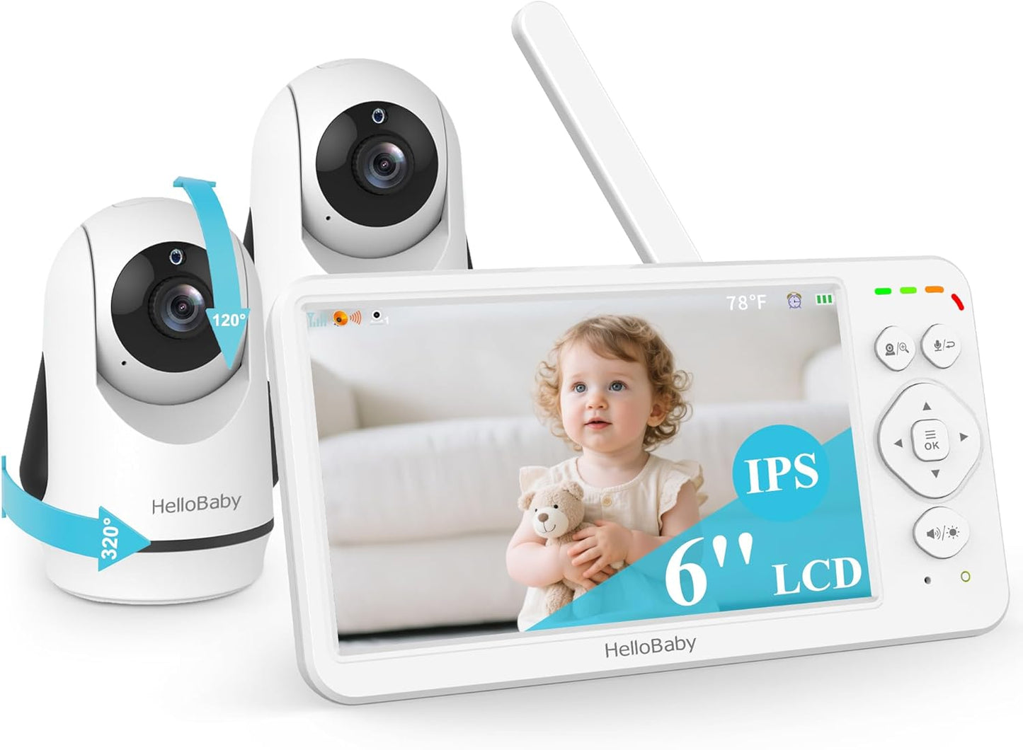 HelloBaby Baby Monitor with 2 Cameras, Large 6'' Video Baby Monitor No WiFi,30-Hour Long Battery