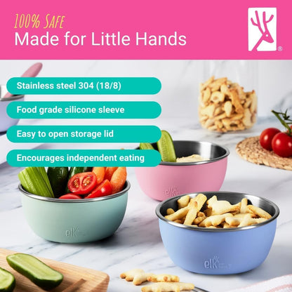 Elk and Friends Stainless Steel Bowls + Silicone Sleeve and Storage Lid | Baby, Toddler, Kids |