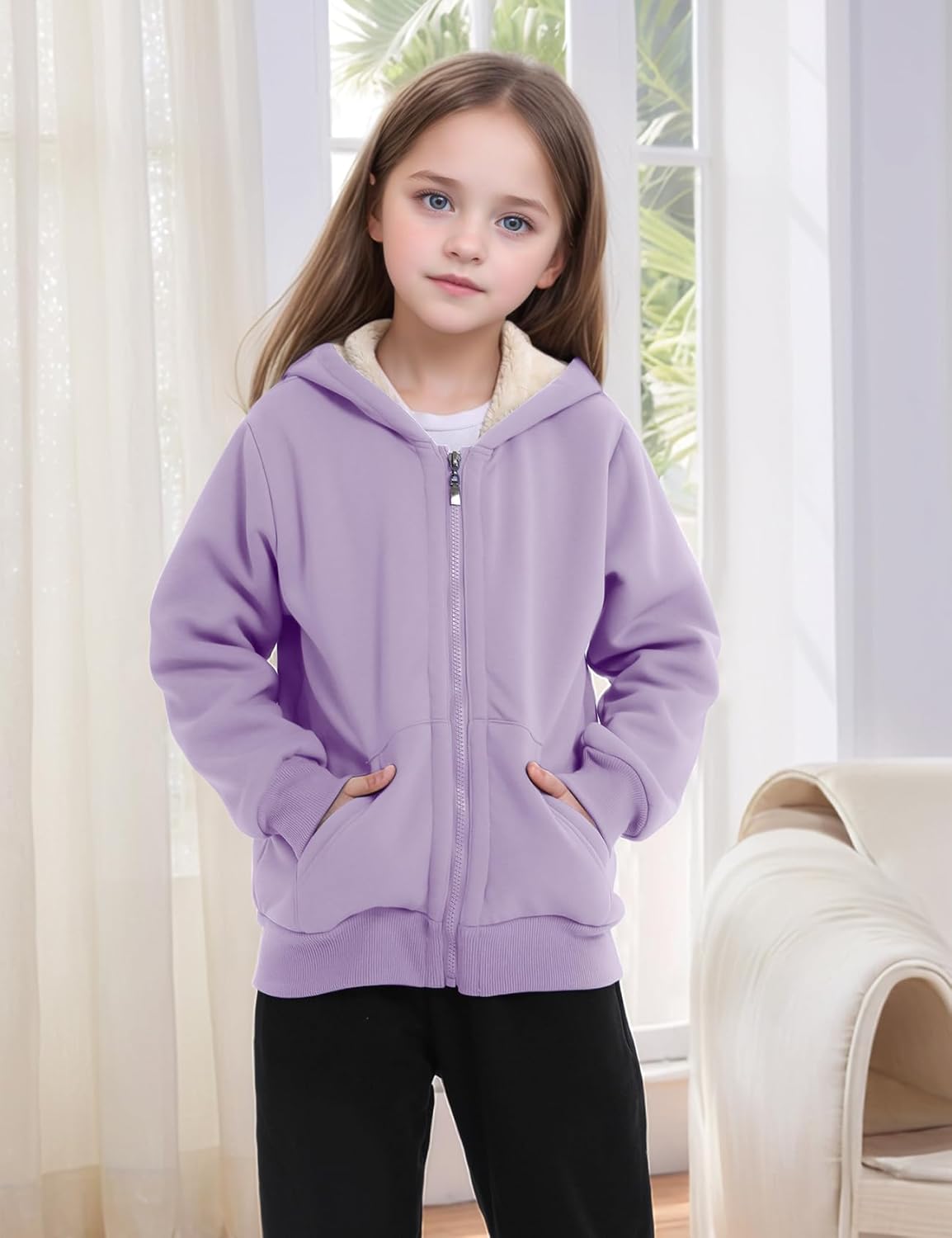 Gihuo Unisex Boy's Girls Winter Warm Sherpa Lined Zip Up Sweatshirt Fleece Jacket Kid's Hoodie