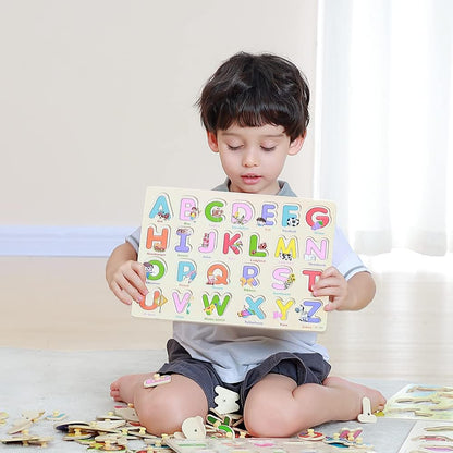 GRINNNIE Wooden Montessori Toddler Puzzles for 1 2 3 4 Years Old, 3 Pcs (Number, Letter, Shape)