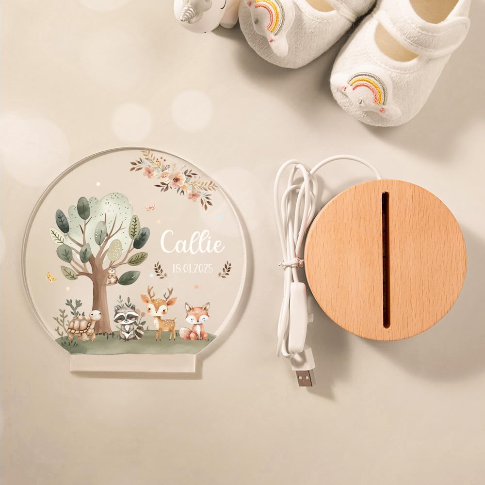 callie Acrylic Night Light Name Plate Personalized, Custom Cute Fox Deer Turtle Forest Animal with