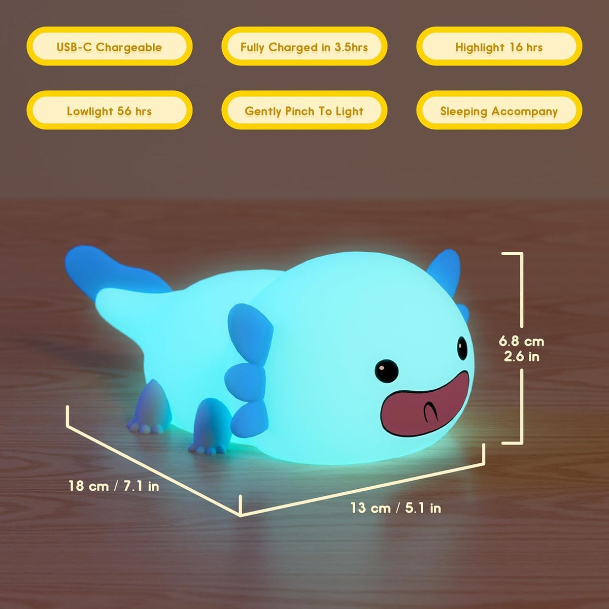 UNEEDE Blue Axolotl Night Light for Kids, Animal Silicone Nursery Night Lamp, Rechargeable Table