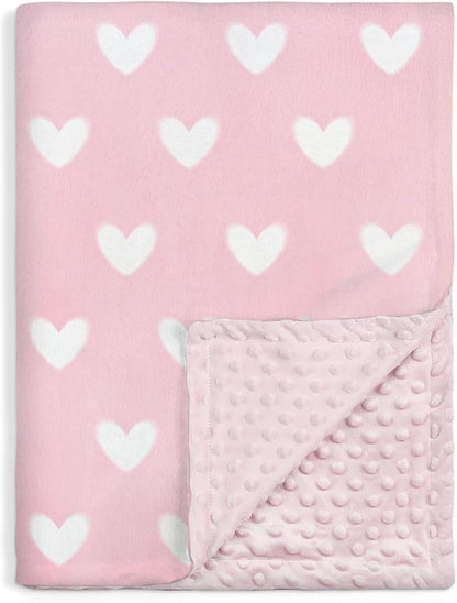 Heart Minky Baby Blanket 30 x 40 Inches for Girls, Soft Plush Receiving Blanket with Dotted Back