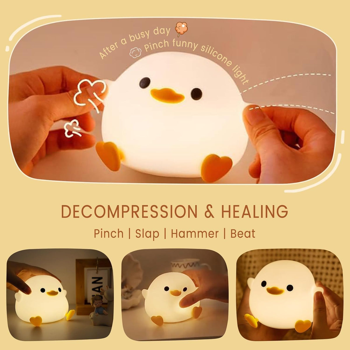 Duck Lamp, Cute Pea Duck Night Light, 2 Levels Dimmable Ducky Night Lamp, LED Squishy Animal Light