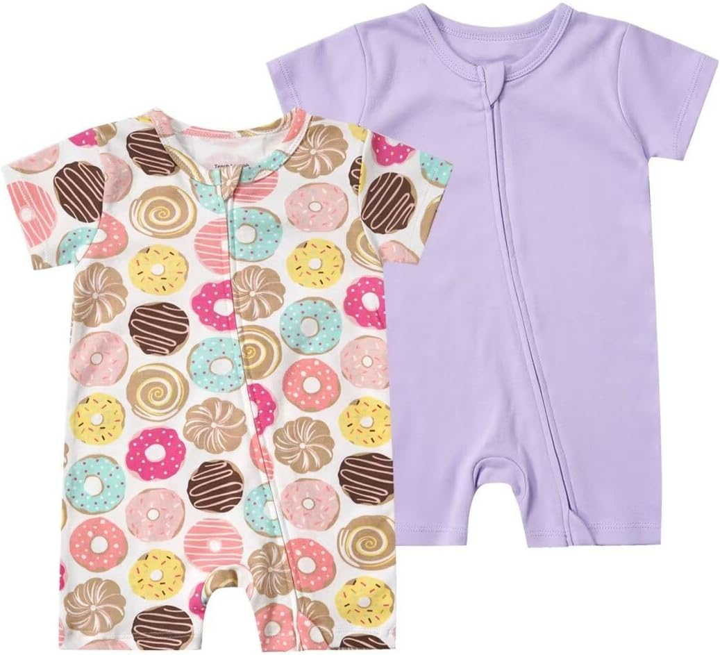 Teach Leanbh Unisex Baby 2 Pack Pajamas Cotton Short Sleeve 2 Way Zipper Printing Soild Romper