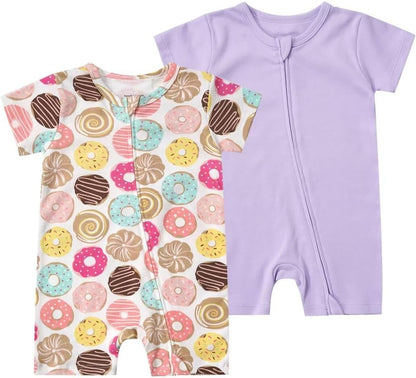 Teach Leanbh Unisex Baby 2 Pack Pajamas Cotton Short Sleeve 2 Way Zipper Printing Soild Romper