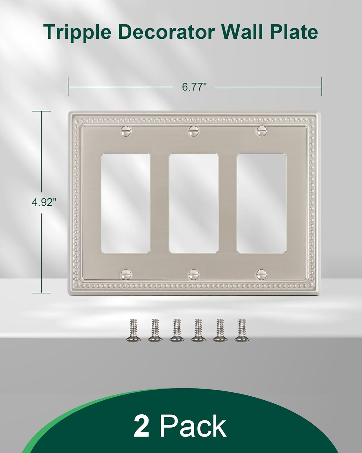 2-Pack Triple Decorator Outlet Cover Plate, Brushed Nickel Pearls Decorative Switch Plates and