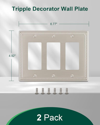 2-Pack Triple Decorator Outlet Cover Plate, Brushed Nickel Pearls Decorative Switch Plates and