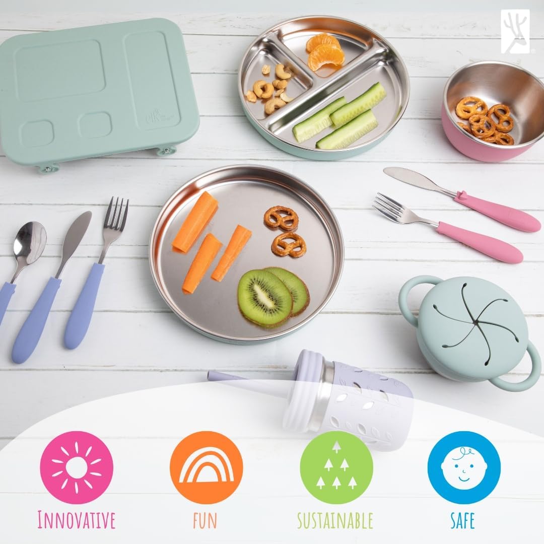 Stainless Steel Divided Plates + Silicone Sleeve and Storage Lid | Baby, Toddler, Kids | Dinner &