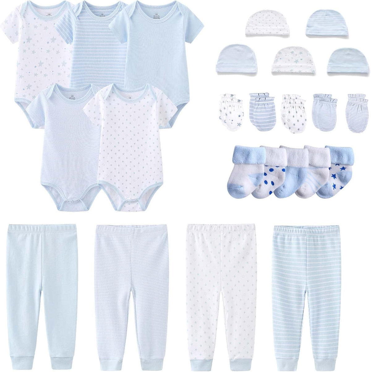 Newborn Layette Gift Set Bodysuits Pants for Baby Girl and Boy 24 Piece 100% Cotton Essentials and