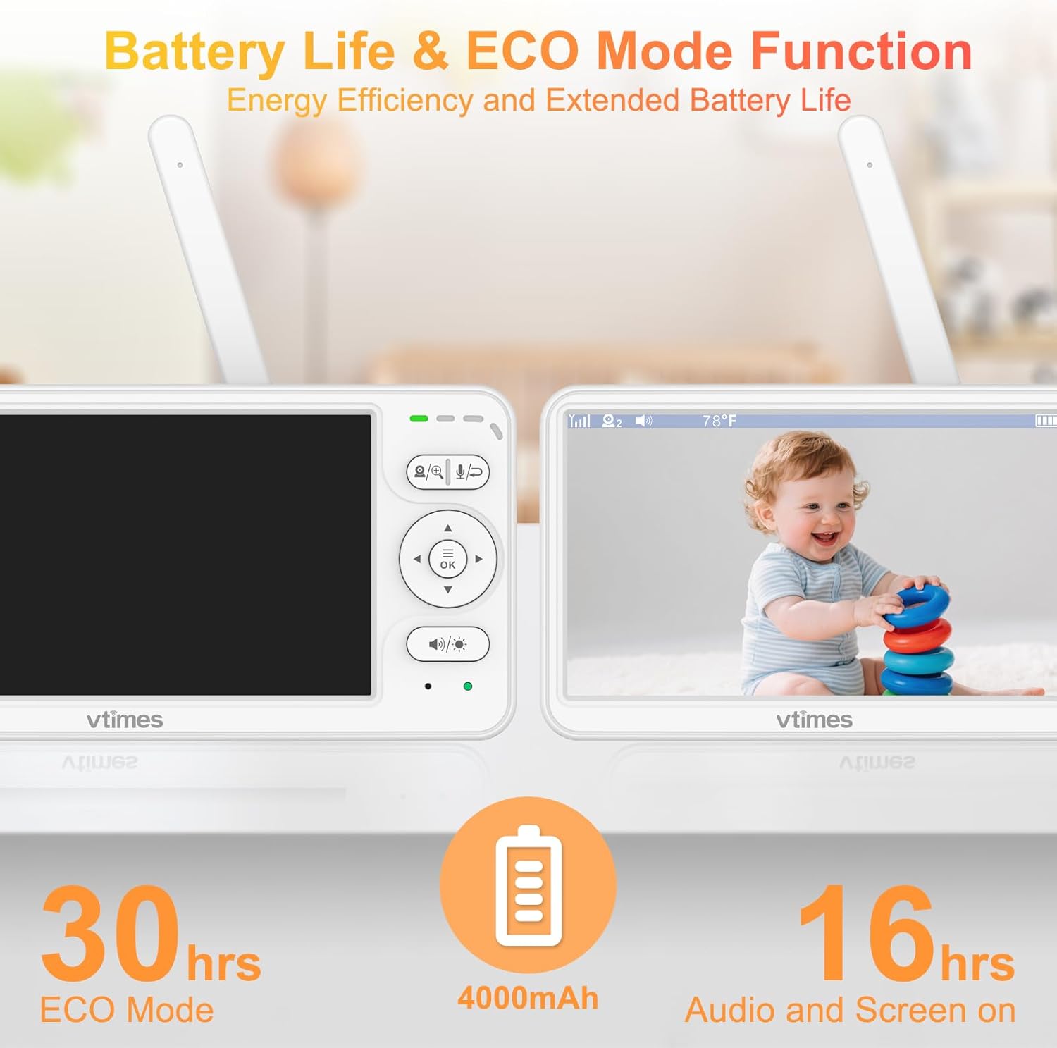 Baby Monitor with Camera and Audio, 6'' IPS Screen with 30-Hour Battery, Baby Monitor No WiFi Night