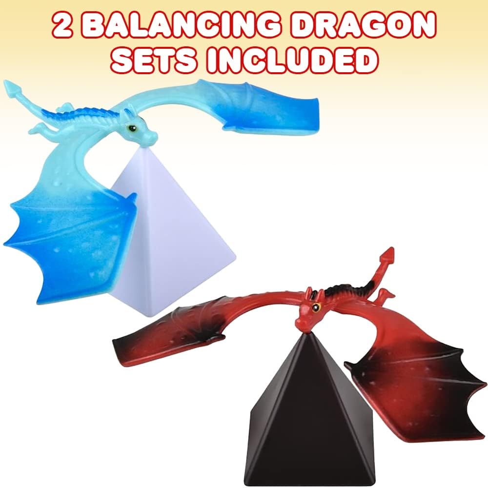 ArtCreativity Balance Dragon Toy Figures - Set of 2 with Pyramid Stands - Stress Relief Fidget Desk