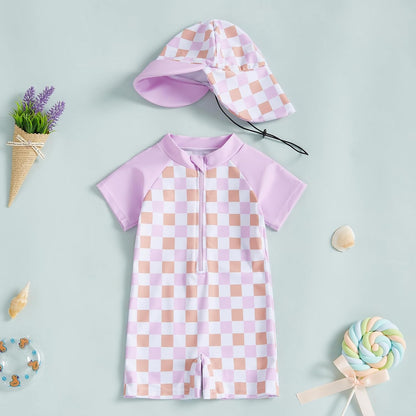 MAYUMMPY Baby Boys Girls Swimwear Casual Zipper One Pieces Rash Guard Swimsuit and Hat Beachwear