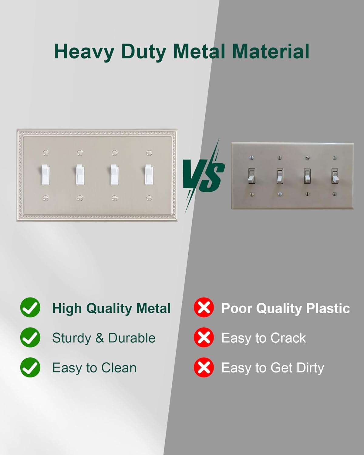 2-Pack Quad Toggle Light Switch Cover Plate, 4 Gang Metal Switch Plate Covers, Brushed Nickel
