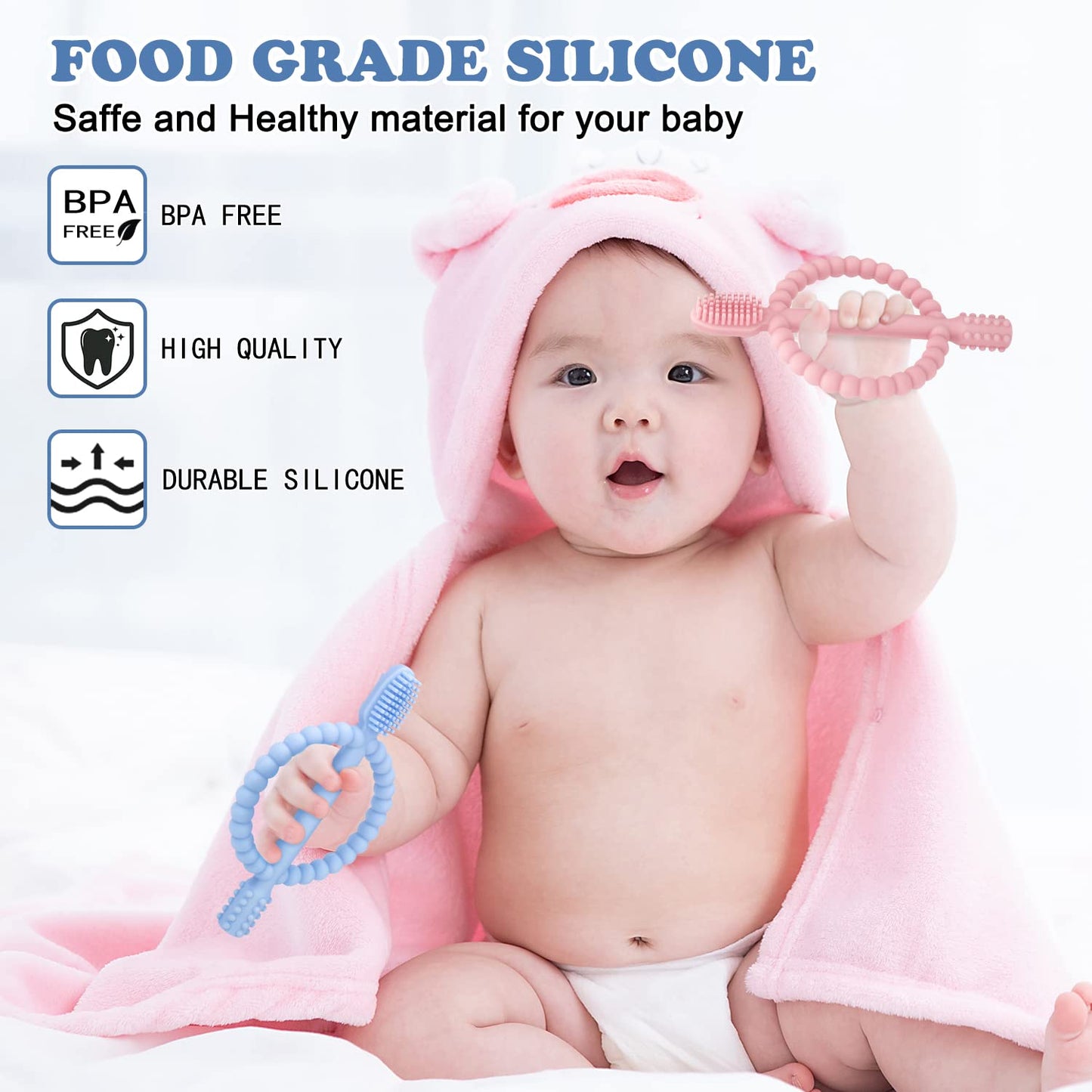 Baby Teething Toys with Easy-Hold Handle, Silicone Infant Toothbrush, Textured On Both Sides Helps