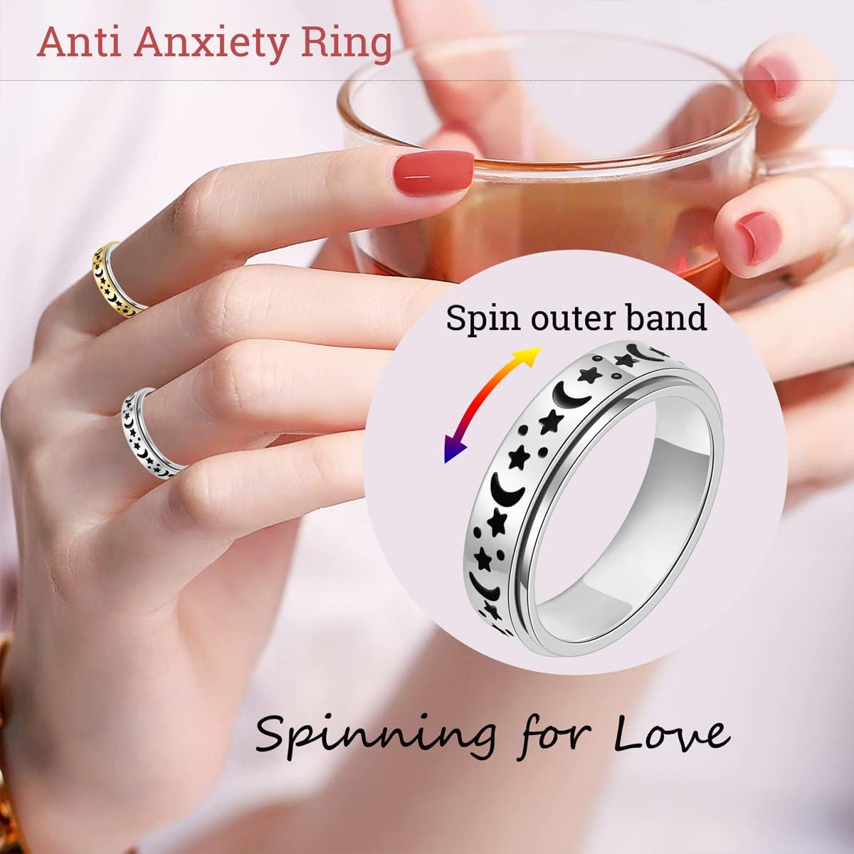 OreilleStar Anxiety Ring for Women Fidget Spinner Rings Stainless Steel Silver Color Size 6
