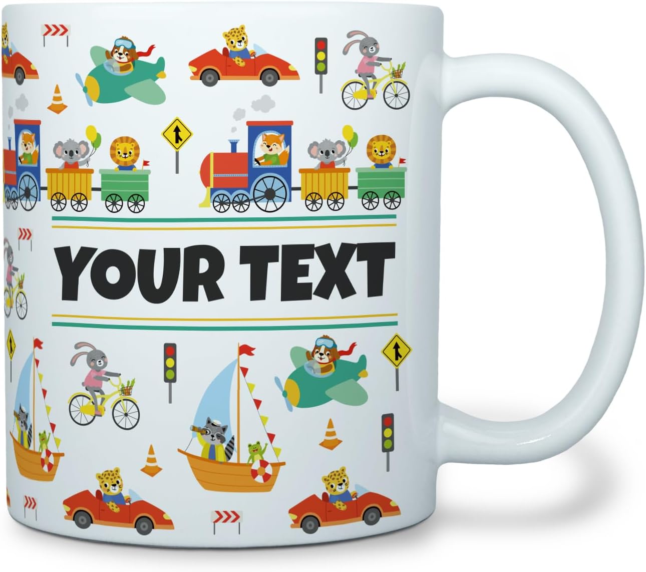 Personalized Mug for Kids - Vehicles - Custom Name/Text, Ceramic Hot Chocolate/Cocoa/Coffee Cup for