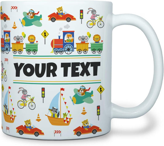 Personalized Mug for Kids - Vehicles - Custom Name/Text, Ceramic Hot Chocolate/Cocoa/Coffee Cup for
