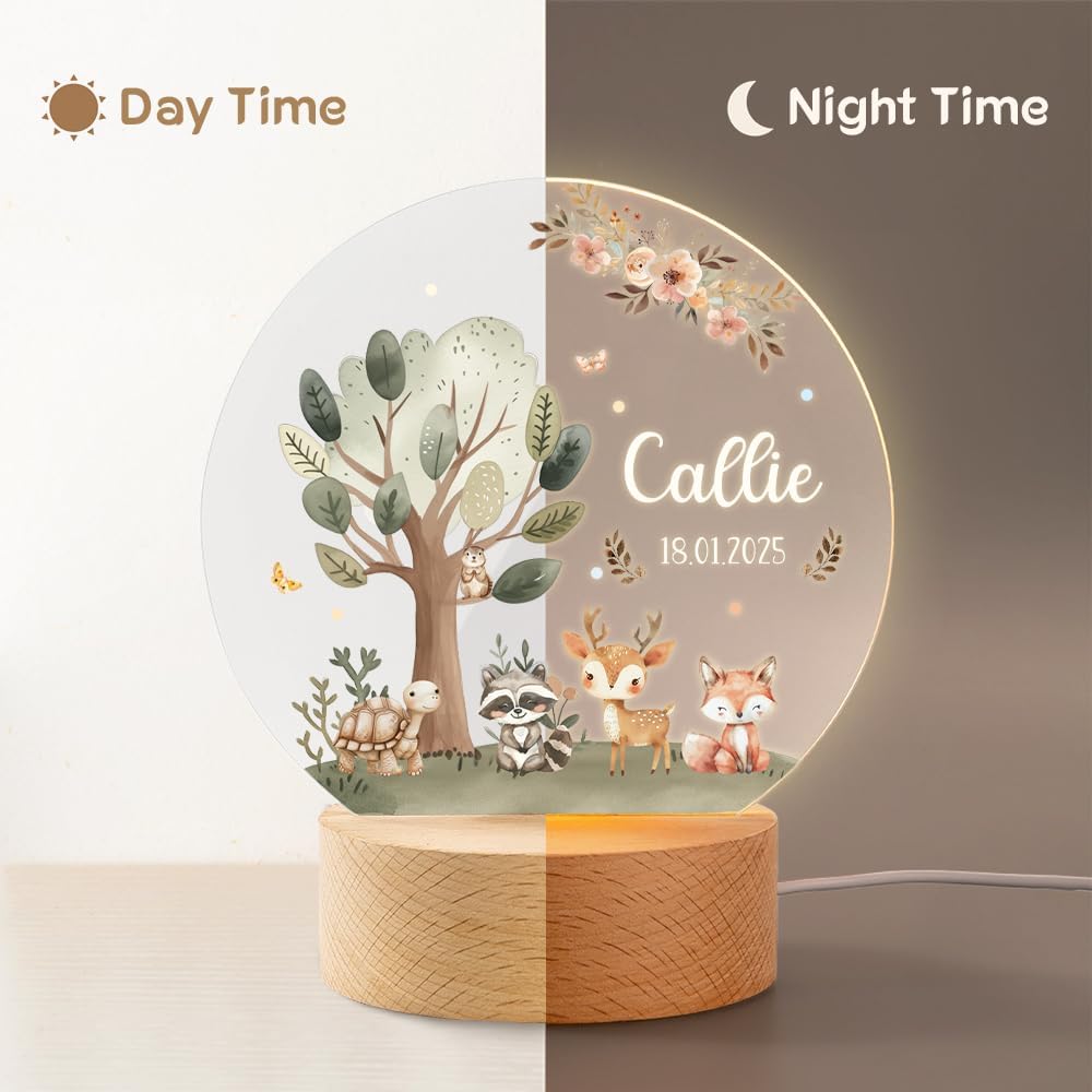 callie Acrylic Night Light Name Plate Personalized, Custom Cute Fox Deer Turtle Forest Animal with