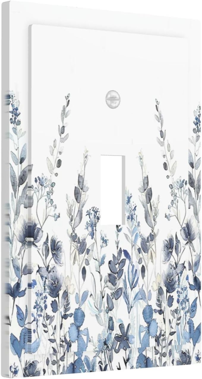 Decorative Light Switch Cover Light Blue Watercolor Leaves Plant With Floral 1 Gang Single Toggle
