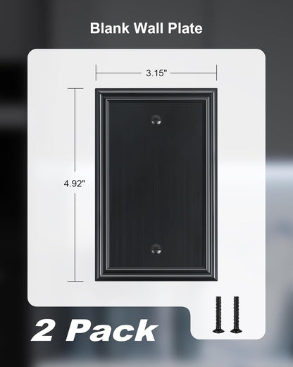 2-Pack Single Blank Wall Plates, Durable Solid Zinc Alloy Blank Outlet Covers, Decorative Black