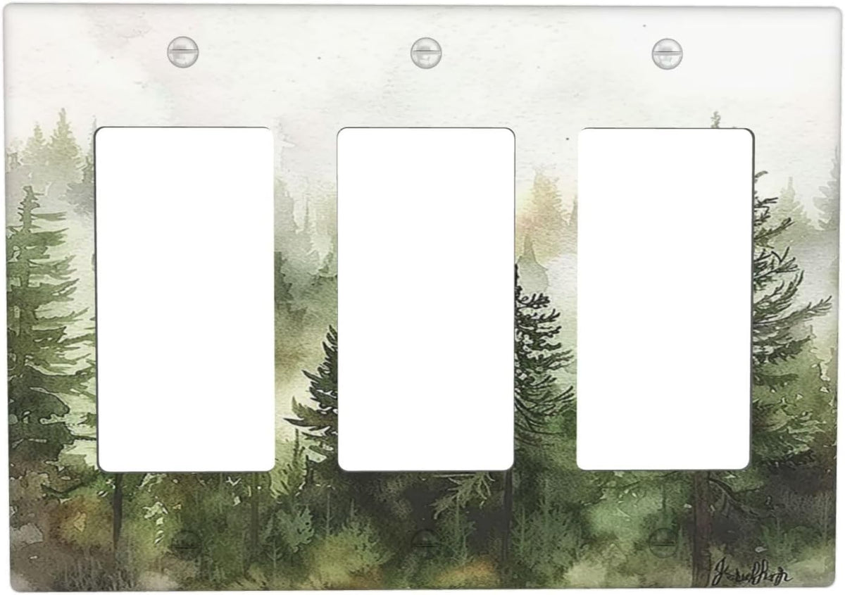 Light Switch Covers Green Forest Watercolor Painting Foggy Pine 3 Gang Rocker Electrical GFCI