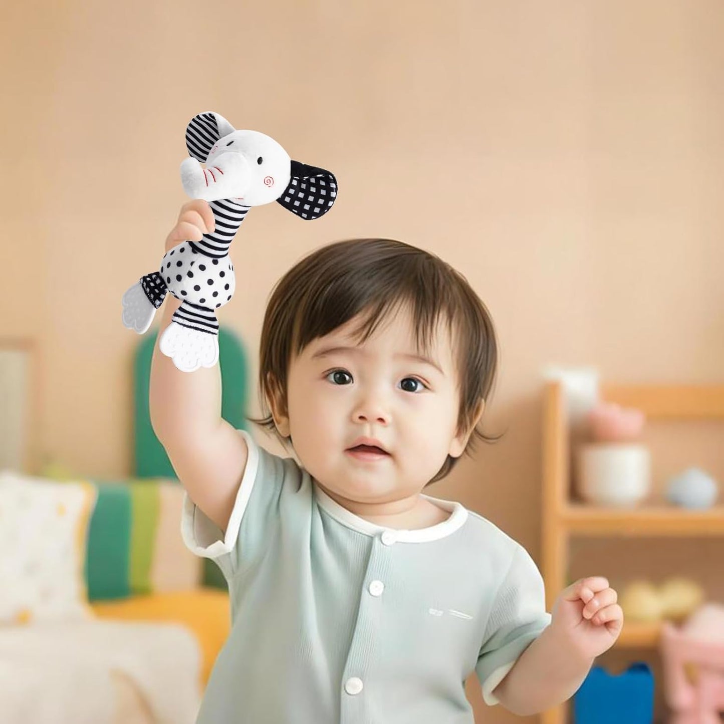 Black & White Elephant Baby Toys 0-12 Months - Plush Sensory Rattle with Teether, Wind Chime, BB