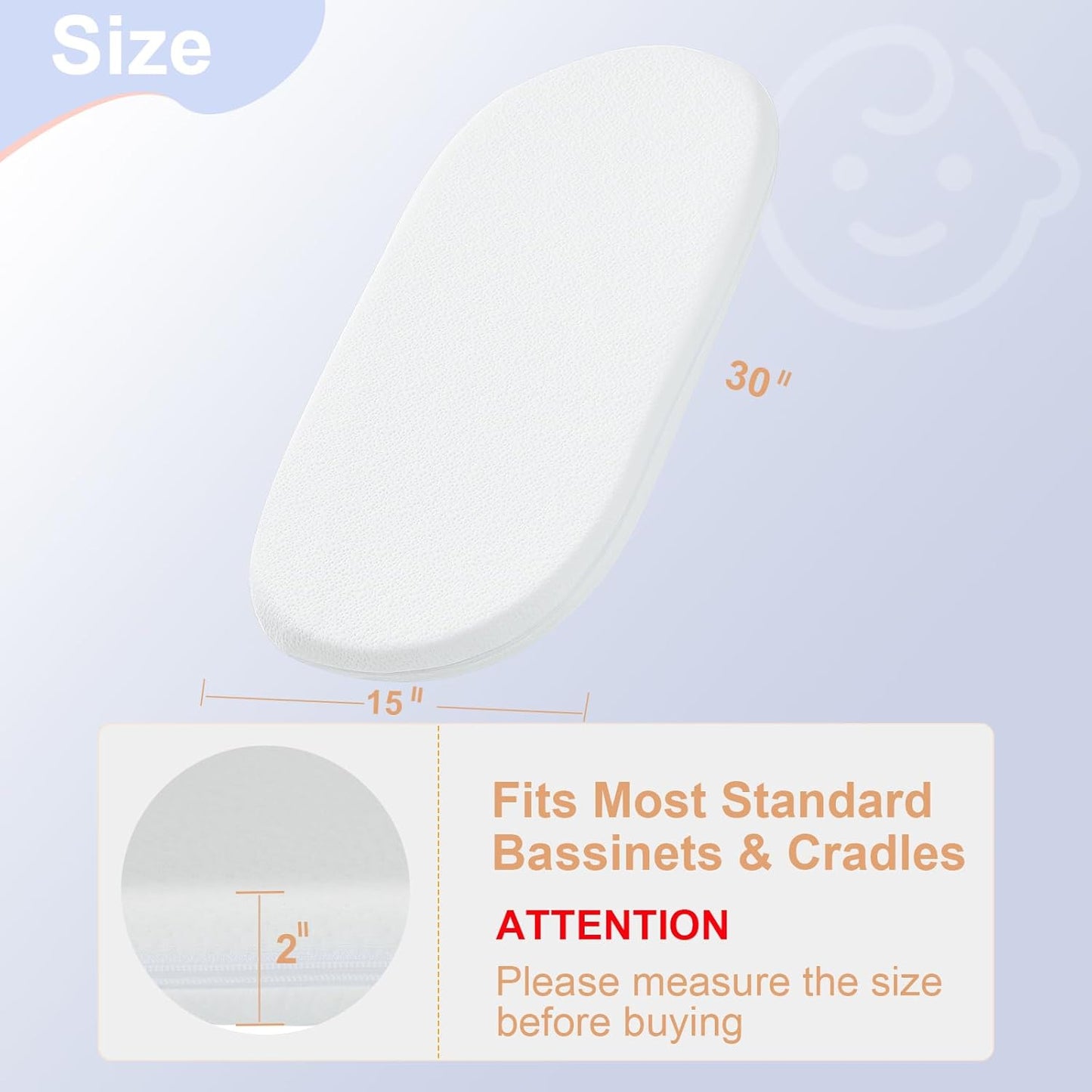 NeoBorn Baby Bassinet Mattress Pad, 30" x 15" Dual Sided Comfort Gel Memory Foam Mattress with