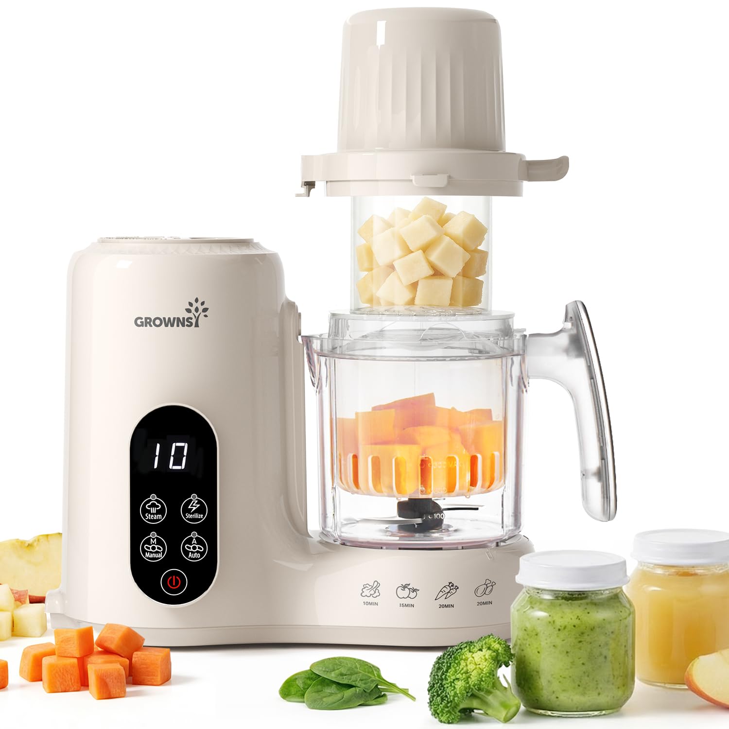 Grownsy Baby Food Maker & Processor with Dual-Layer Steam Basket,Cream
