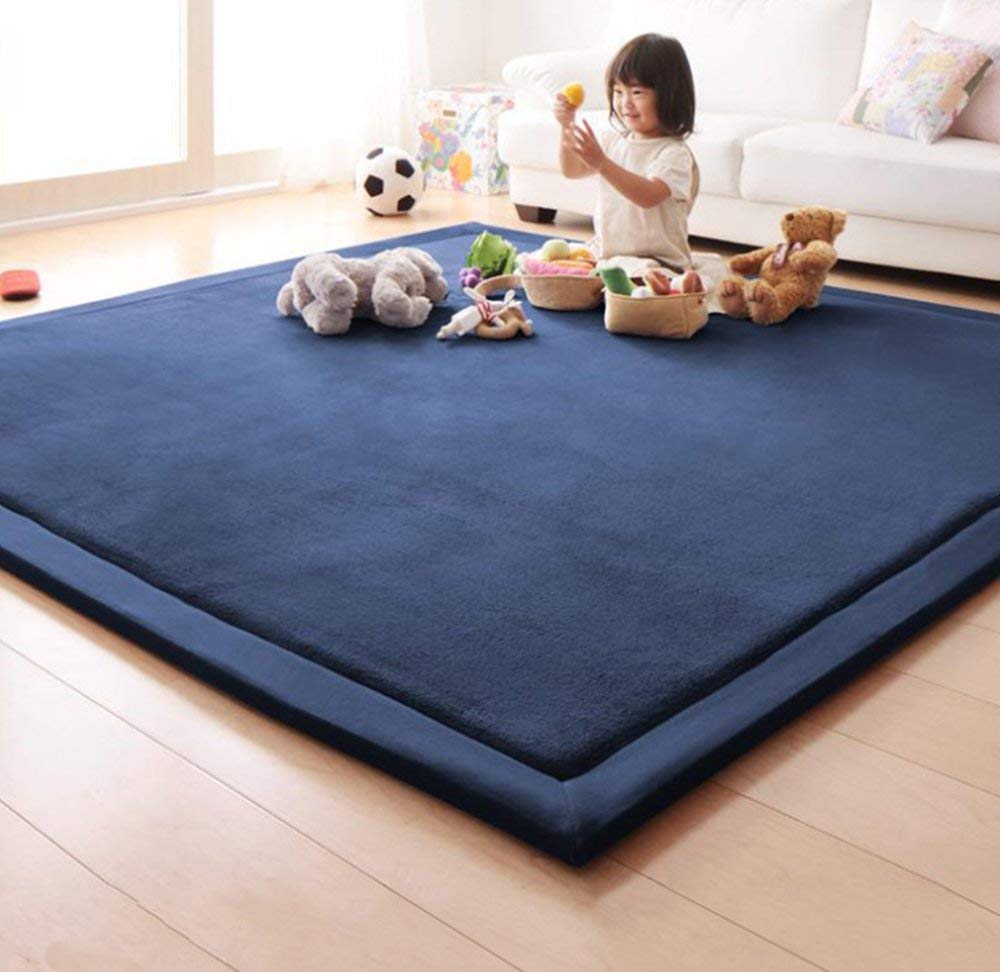 Loartee Coral Velvet Crawling Rug and Area Rug (4'9"x4'9", Dark Blue) for Toddler Children Play Mat