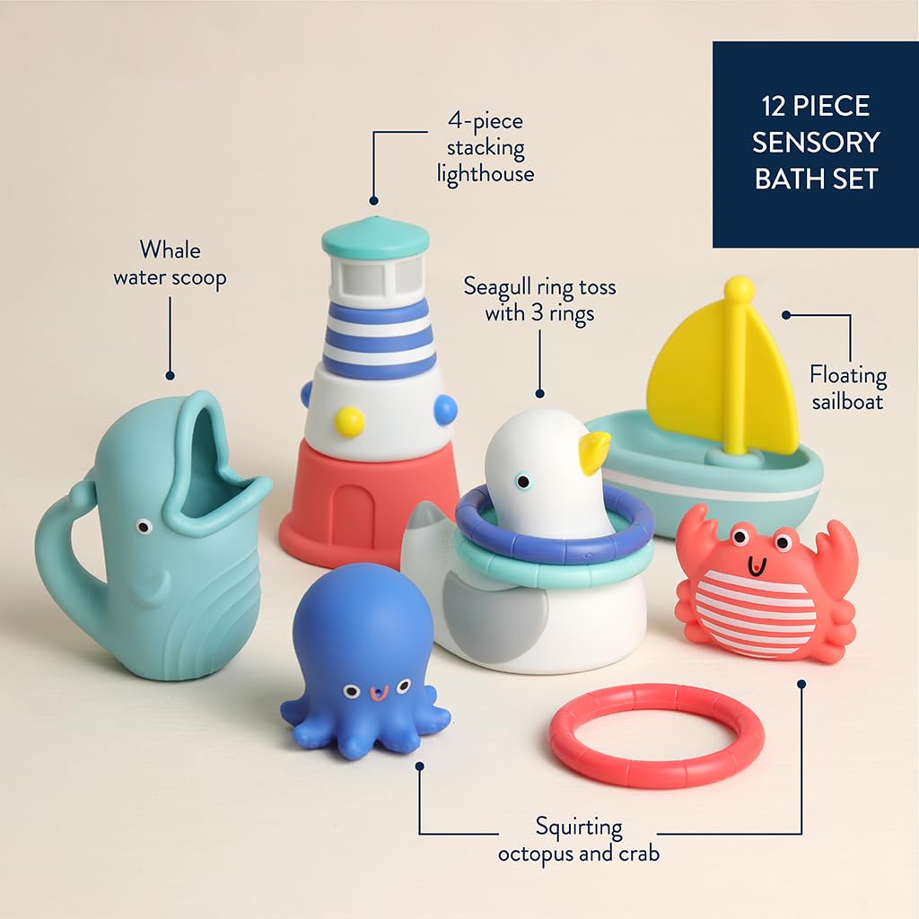 Itzy Ritzy Bathtime Gift Set, 12-Piece Baby Bath Toys, 6+ Months (Nautical)