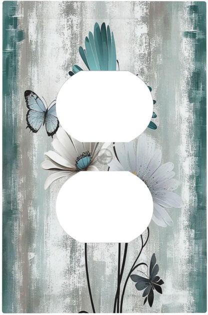 Outlet Covers Rustic Teal Daisy Floral Flowers Butterfly Wood Grain 1 Gang Duplex Wall Plate