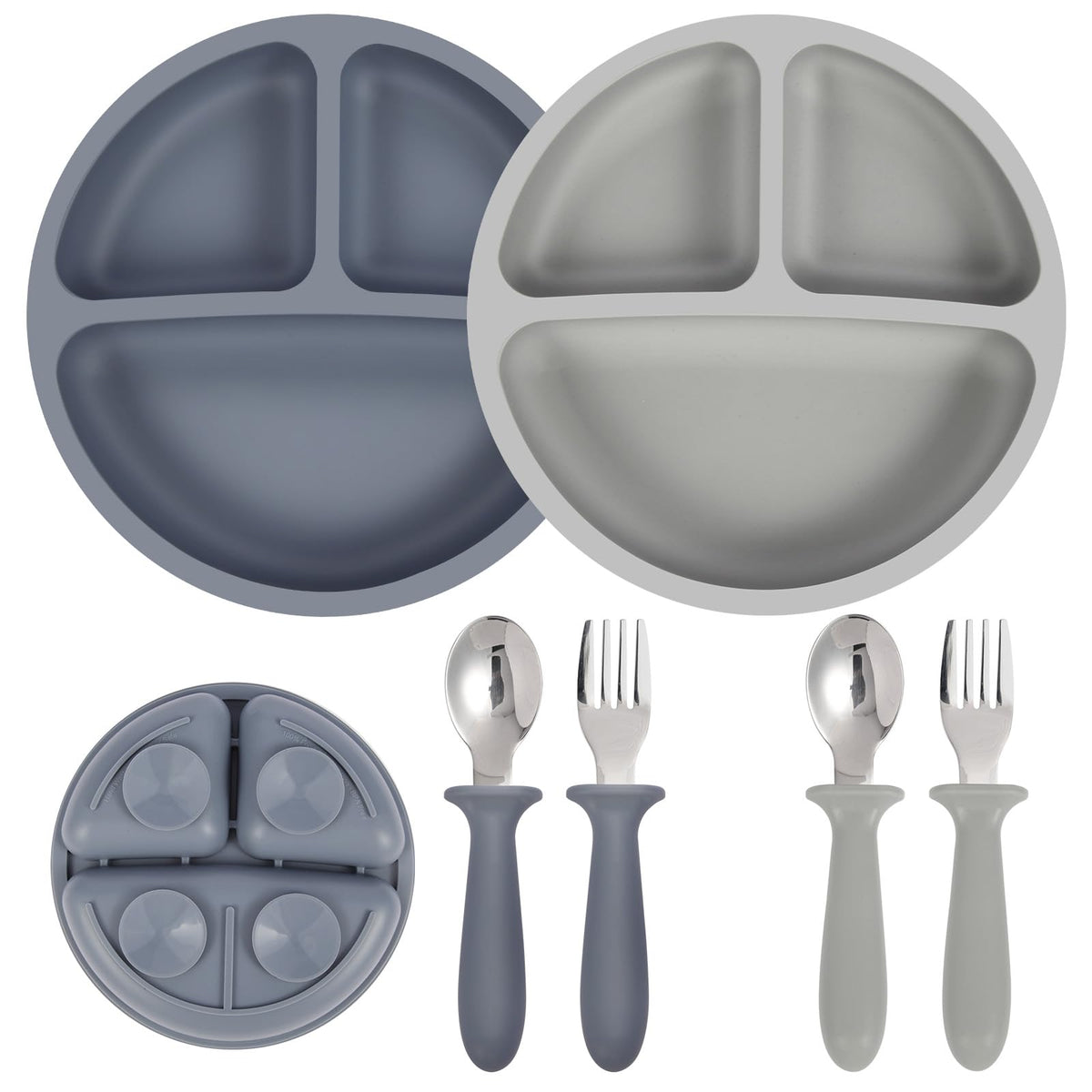 Eascrozn 2 Pack Silicone Suction Plates for Baby, Forks and Spoons Set