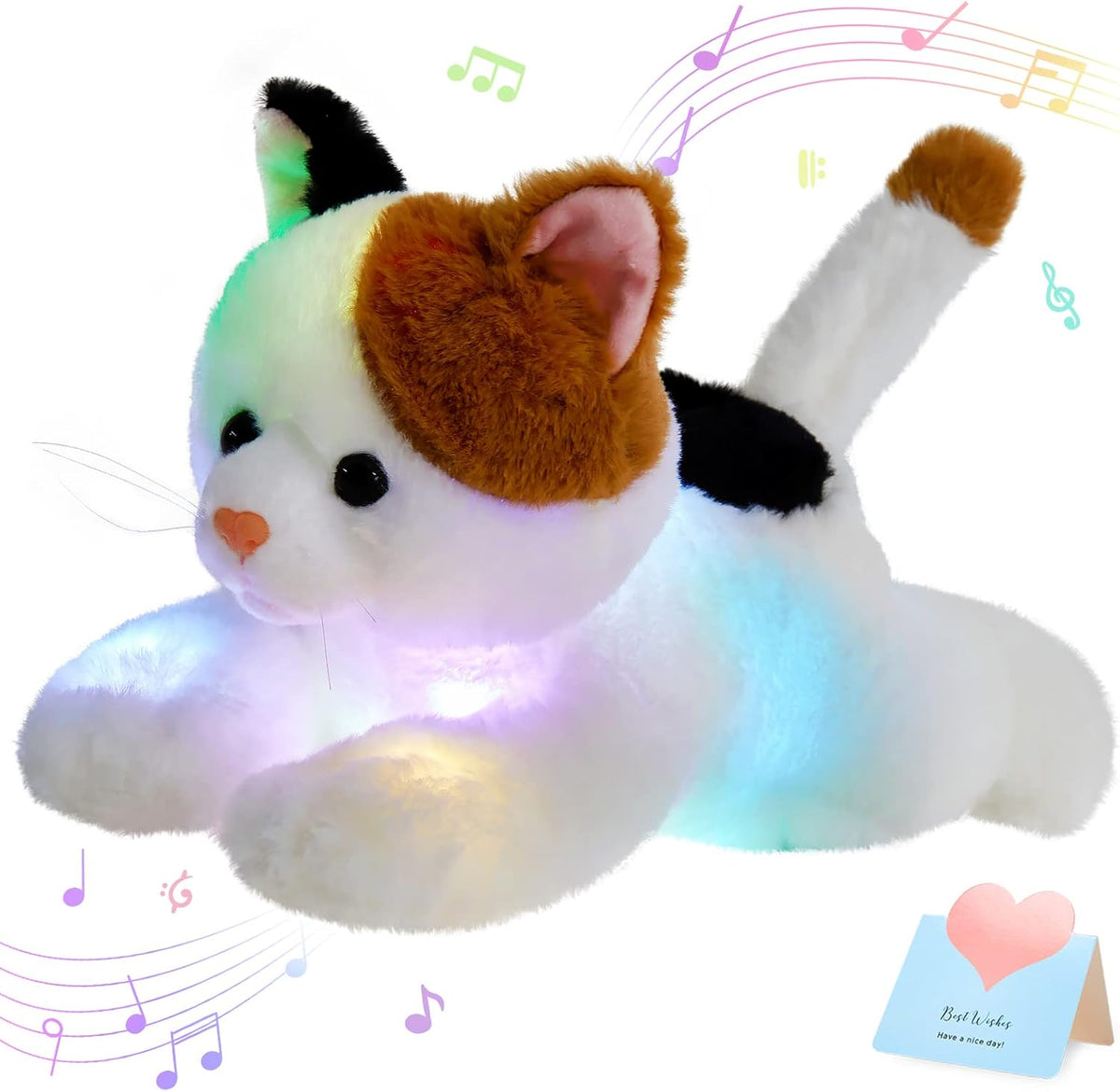 Glow Guards Light up Music Calico Cat Stuffed Animal LED Singing Kitty Soft Plush Toy Pillow with