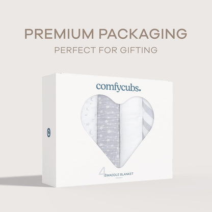 Comfy Cubs Muslin Swaddle Blankets Pack of 4, 47 x 47 Inches, Soft Cotton Baby Blanket Set, Large