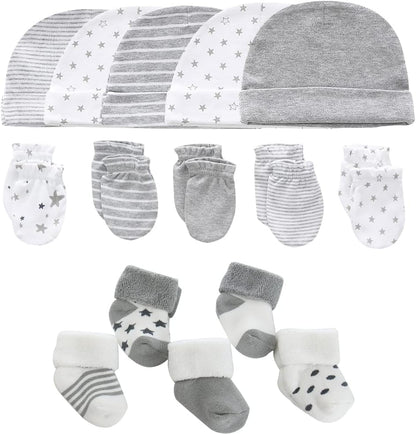 Newborn Baby Boy Girl Caps Mittens Socks Set Cotton Baby Essentials Accessories (Hats+Gloves+Socks)