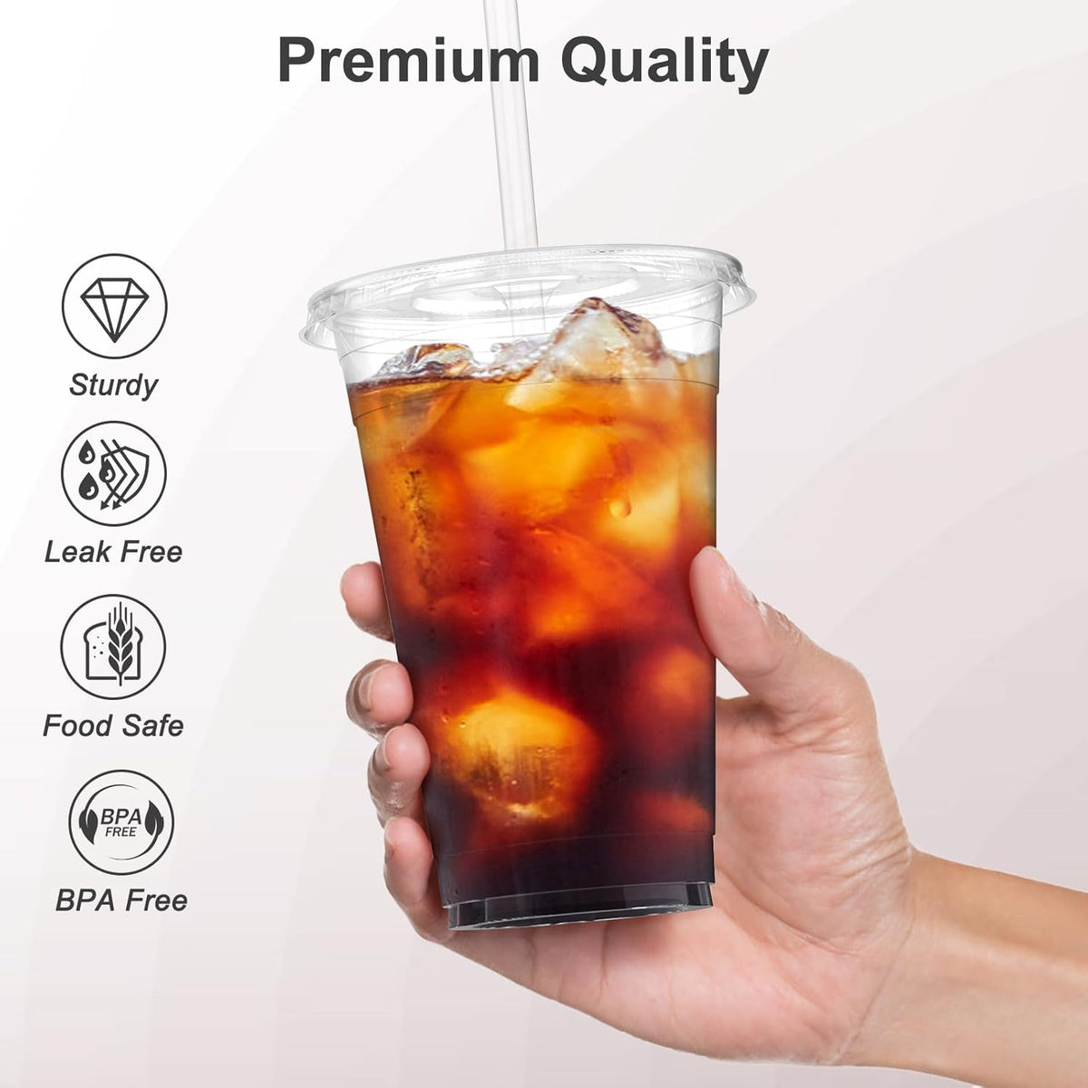100 Pack - 24 oz Clear Plastic Cups with Lids and Straws, Sturdy & Food Safe Iced Coffee Cups with