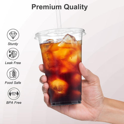 100 Pack - 20 oz Clear Plastic Cups with Lids and Straws, Sturdy & Food Safe Iced Coffee Cups with