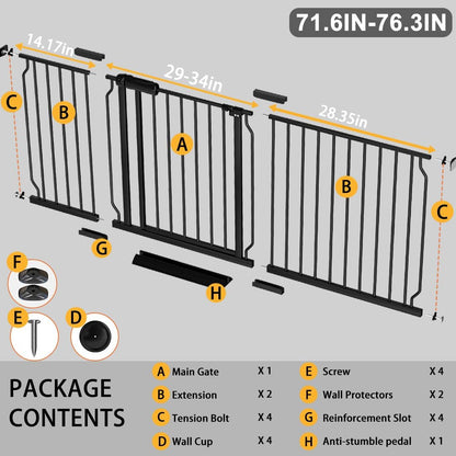 Fairy Baby Extra Wide Baby Gate 71.6-76.3 Inch Wide, Walk Through Pressure Mounted No Drill, Long