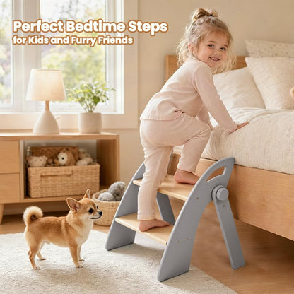 Reeple Wooden 2 Step Stool for Toddlers, Foldable 2-Step with Non-Slip Pads and Handles, Bamboo