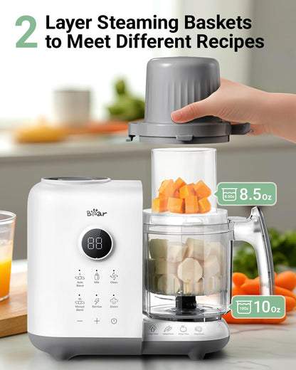 Bear Baby Food Maker Steamer&Blender with Dual-Layer Steam Baskets, 18.5oz