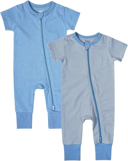 Teach Leanbh Baby Boys Girls 2-Pack Romper Jumpsuits Cotton 2 Way Zipper Short Sleeve Footless