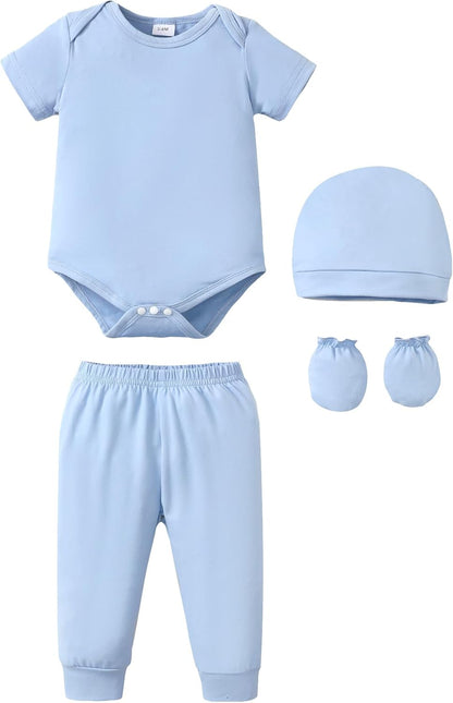 NZRVAWS Newborn Baby Boy Girl Clothes Unisex Infant Romper Pants Set Hat 4-Pack Outfits 0-12 Months