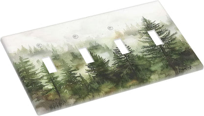 Light Switch Covers Green Forest Watercolor Painting Foggy Pine Quad Toggle Electrical Faceplate 4