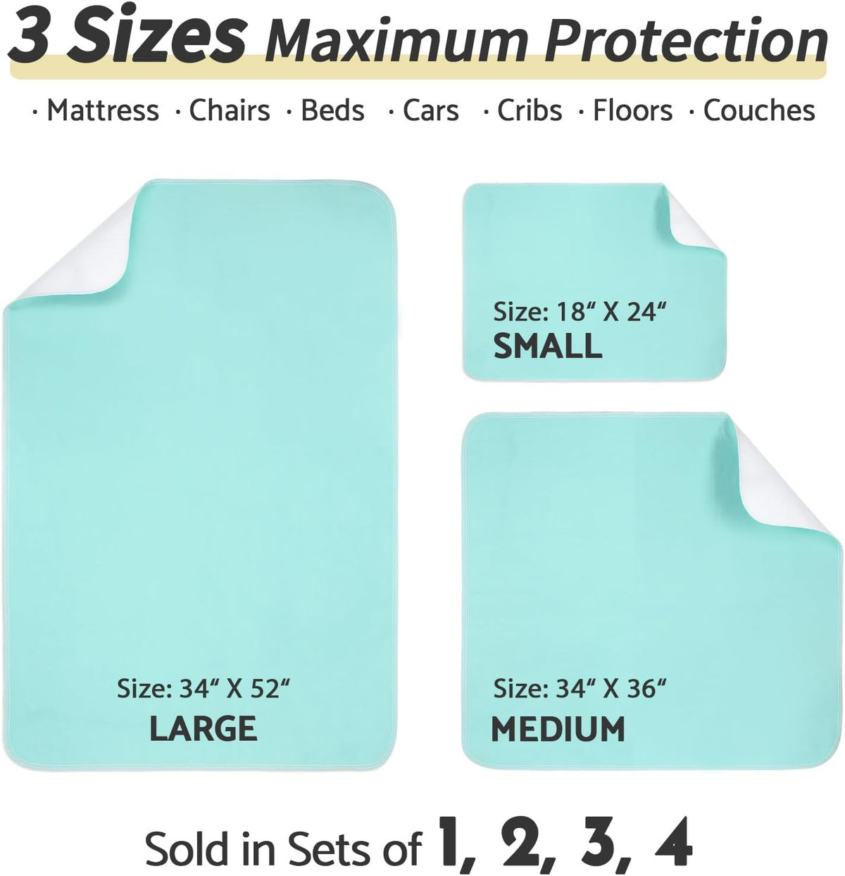CoolShields Waterproof Bed Pads Incontinence 34'' x 52'' (4 Pack) Washable Reusable Bedwetting