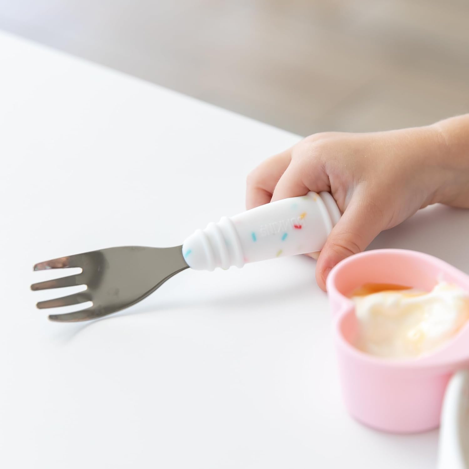 Bumkins Toddler Utensils, Kids Size Fork and Spoon Set, Silicone and Stainless-Steel Training
