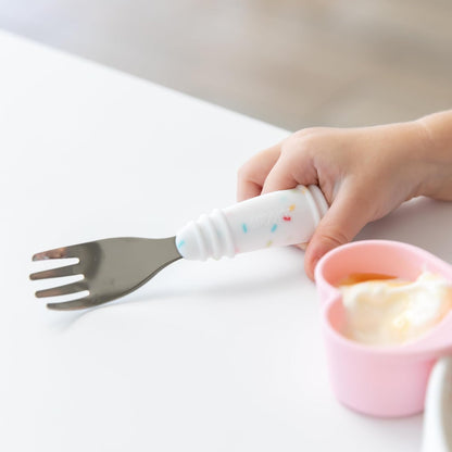 Bumkins Toddler Utensils, Kids Size Fork and Spoon Set, Silicone and Stainless-Steel Training