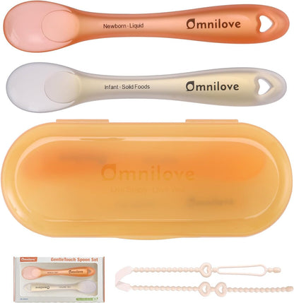 Silicone Baby Spoons 2-Pack with Case, New Born Self Feeding Toddler Spoon, Baby Led Weaning