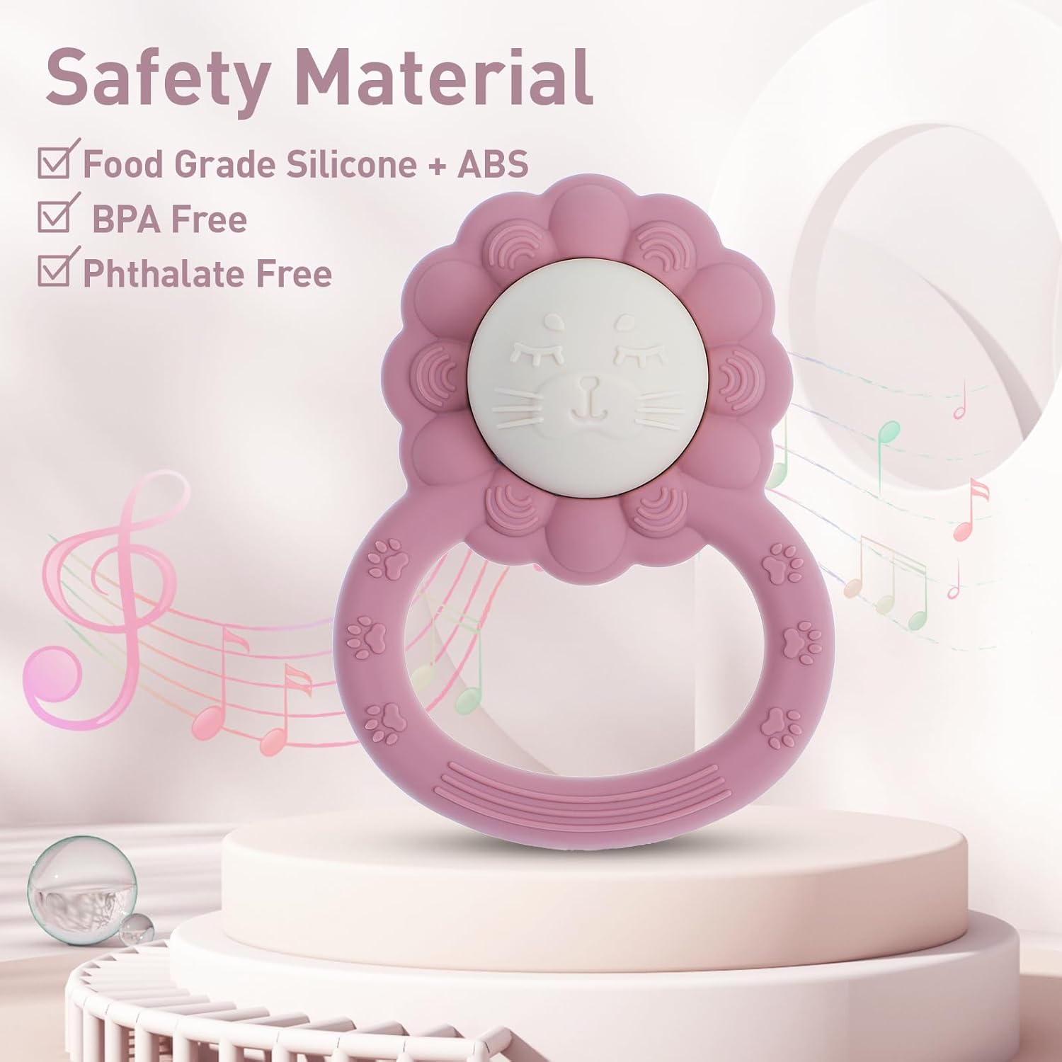 Rattle Teether, Lion Shape Montessori Baby Sensory Teething Toys, Food Grade Silicone BPA Free